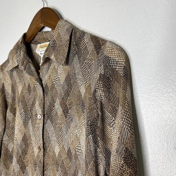 Talbots Brown 100% Silk Geometric Print Button Up Long Sleeve Shirt Size 2 Women - Picture 2 of 9